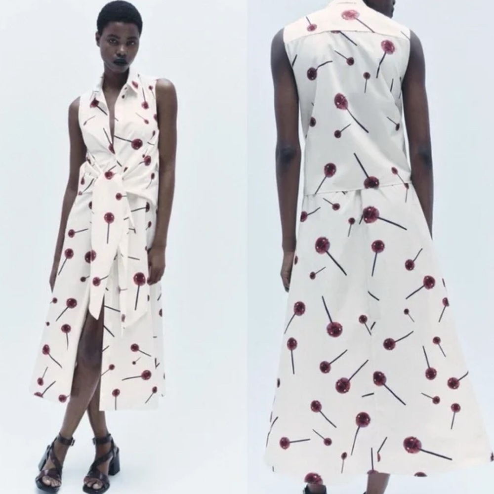 White and Red Patterned Sleeveless Dress